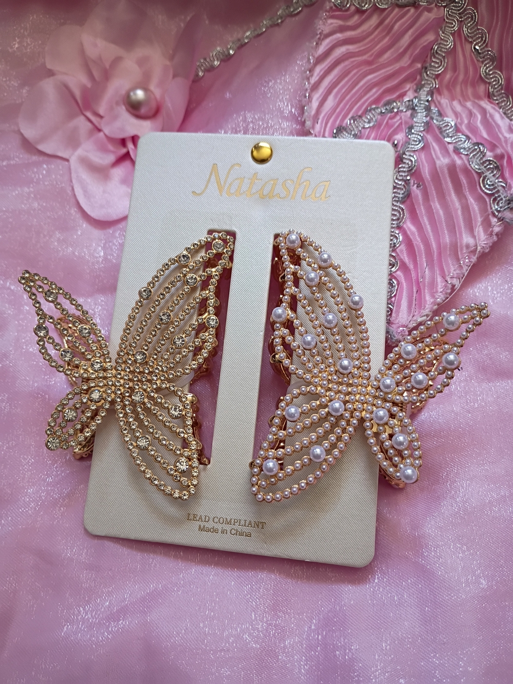 Natasha Couture Gold and Pink Pearl Butterfly Hair Clips - Set of 2